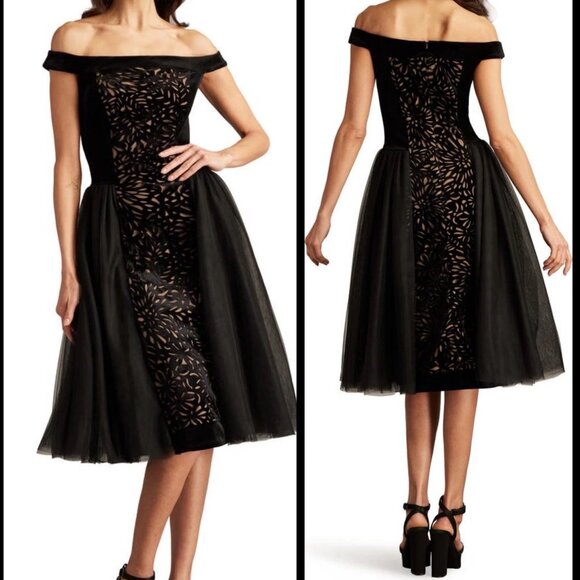 Tadashi Shoji Laser Cut Velvet Off the Shoulder Cocktail Dress Sz 12  orig $518 - Picture 3 of 6